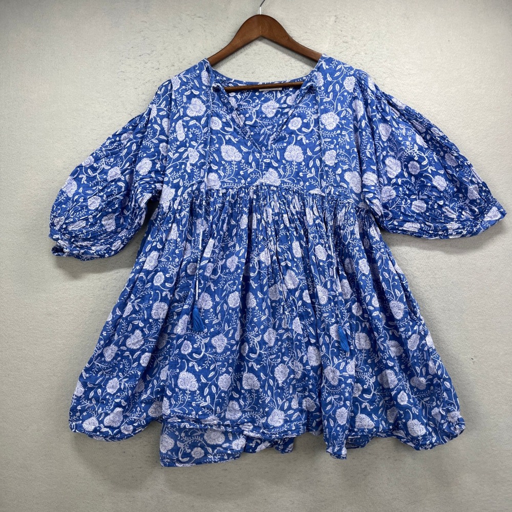 Dolma Tunic Top Womens Medium Blue White Floral Paisley Blouse Babydoll Boho
